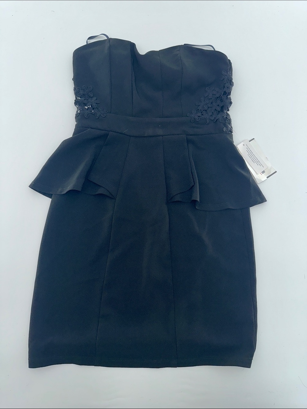 Jodi Kristopher Black Strappy Peplum Mini Dress with Floral Applique